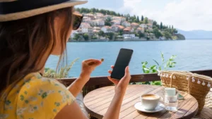 Traveller using a smartphone during local sim vs esim in north macedonia in North Macedonia.