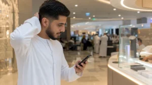 Traveller using a smartphone during local SIM versus eSIM at a neutral Muscat counter
