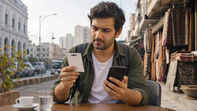 Traveller comparing a local SIM and travel eSIM in Karachi