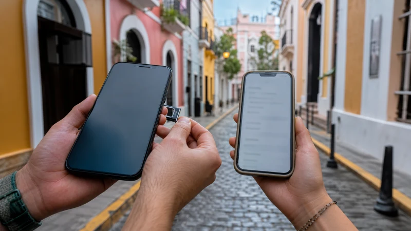Traveller using a smartphone in Puerto Rico while comparing a local SIM with an eSIM in Puerto Rico