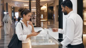 Traveller using a smartphone in a Doha mall