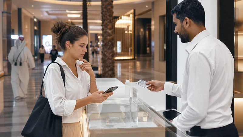 Traveller using a smartphone in a Doha mall