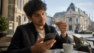 Traveller using a smartphone during local sim vs esim in romania in Romania.