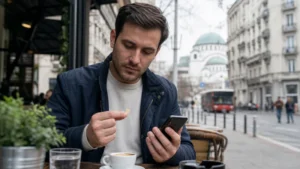 Traveller comparing a physical SIM tray and smartphone at a Belgrade cafe.