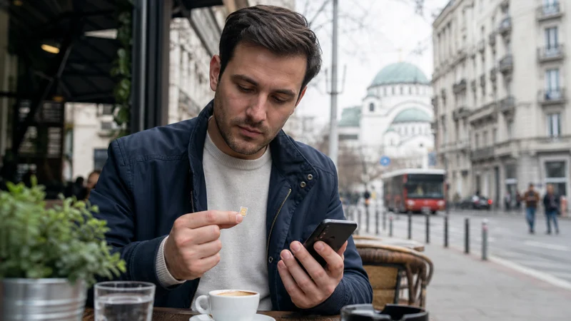 Traveller comparing a physical SIM tray and smartphone at a Belgrade cafe.