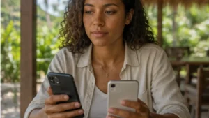 Traveller comparing a local SIM and travel eSIM in Seychelles