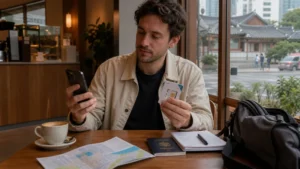 Traveller comparing a local SIM and eSIM at a Seoul café