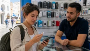 Traveller using a smartphone for Local SIM Vs eSIM Tunisia in Tunisia