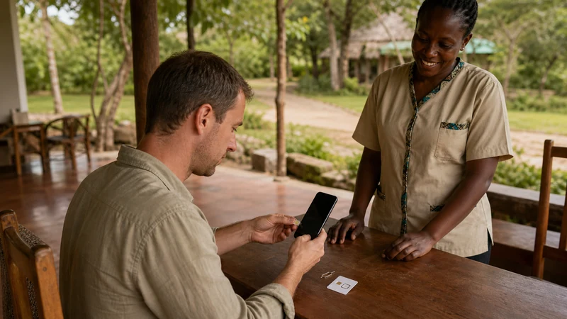 Traveller setting up a phone at a Uganda guesthouse.