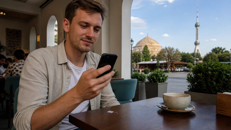 Traveller comparing phone connectivity options at a Tashkent cafe