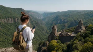 Traveller using a smartphone while using mobile internet in Lori