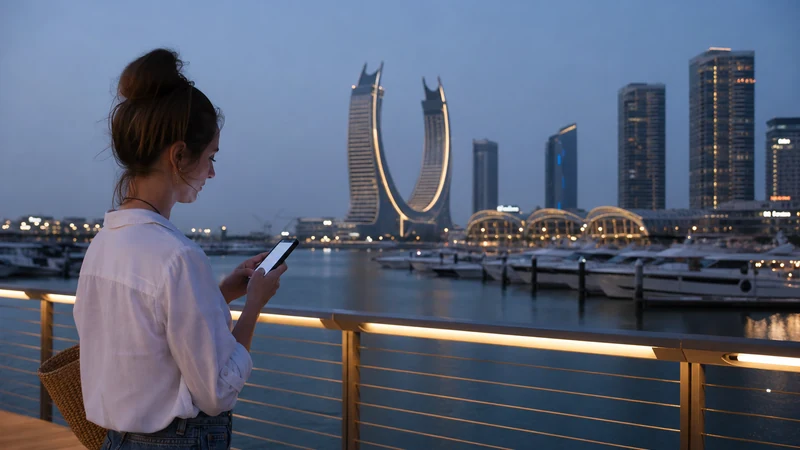 Traveller using a smartphone in traveller using a phone on Lusail Marina promenade