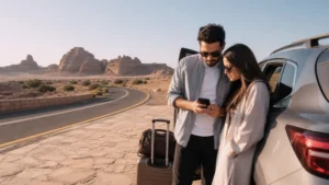 Traveller checking route information among the sandstone landscapes of AlUla.