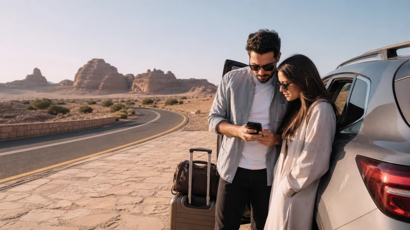 Traveller checking route information among the sandstone landscapes of AlUla.