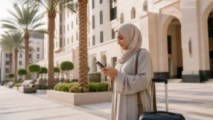 Visitor using a smartphone in a calm Madinah hotel courtyard.