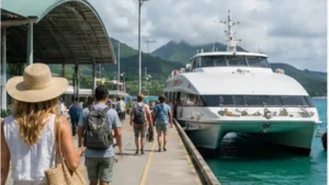 Traveller using a smartphone while travelling between Mahé and Praslin