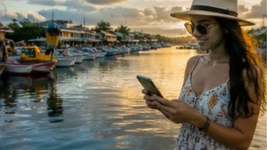 Traveller using a smartphone in Mauritius while researching mobile internet in mahébourg