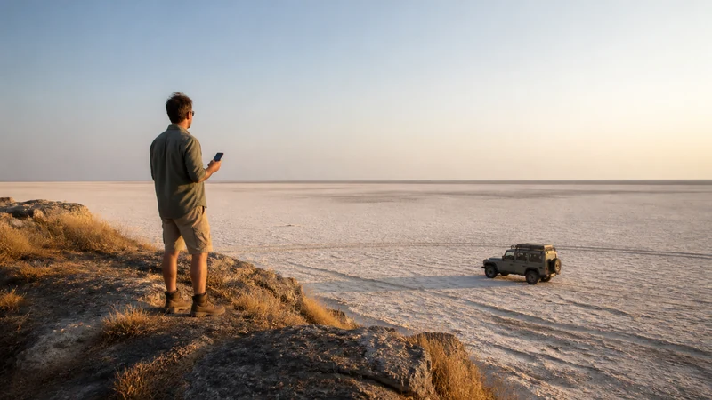 Traveller with phone on the Makgadikgadi salt pans.