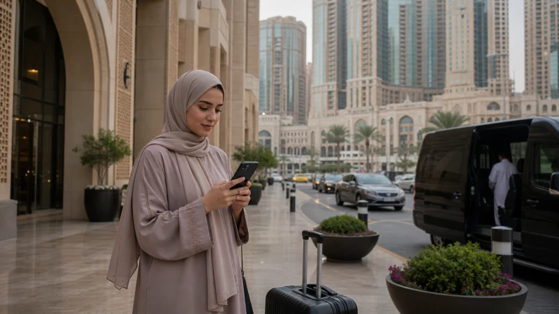 Visitor checking mobile connectivity in a Makkah hotel arrival area.