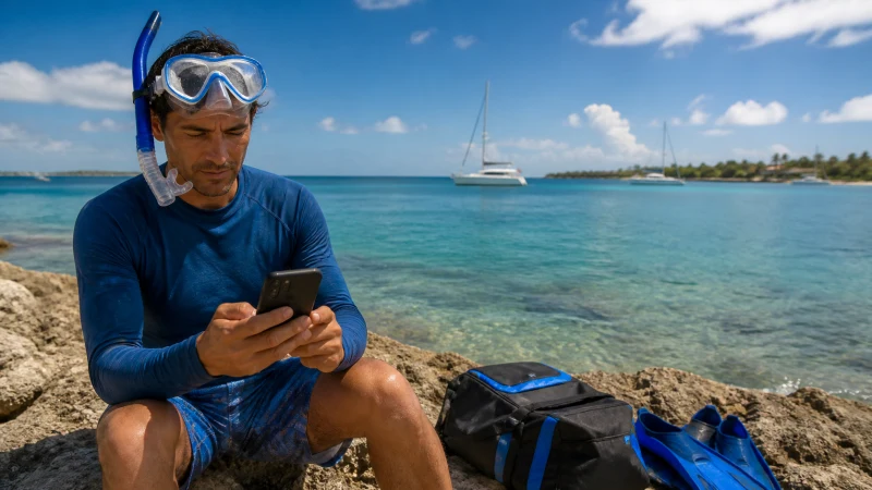 Traveller checking a smartphone along the rocky Malmok coast