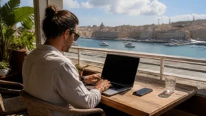Traveller using a smartphone in Malta while working remotely from Malta