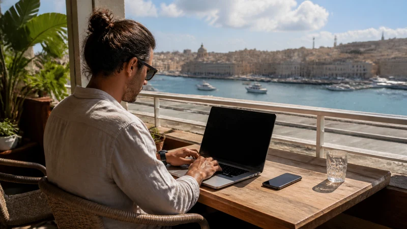 Traveller using a smartphone in Malta while working remotely from Malta