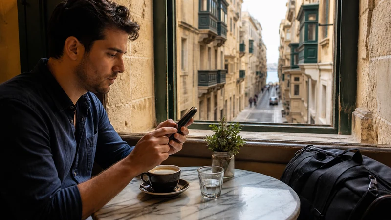 Traveller using a smartphone in Malta while checking Malta eSIM APN settings