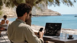Traveller using a smartphone in Malta while sharing data from a Malta eSIM