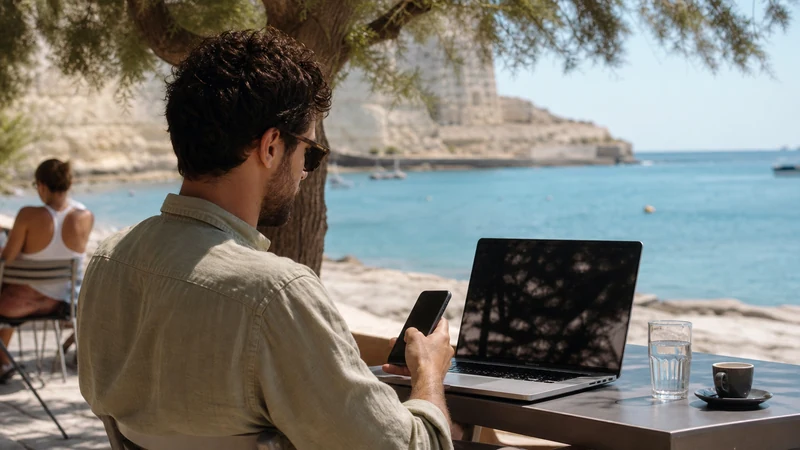 Traveller using a smartphone in Malta while sharing data from a Malta eSIM