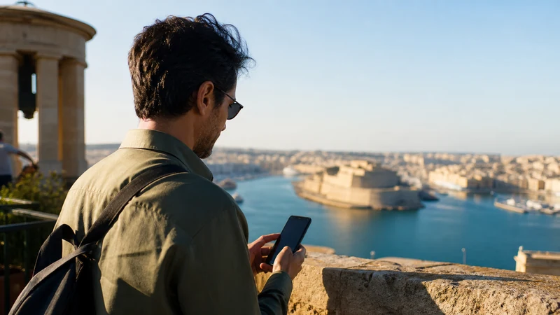 Traveller using a smartphone in Malta while using a Malta eSIM on iPhone