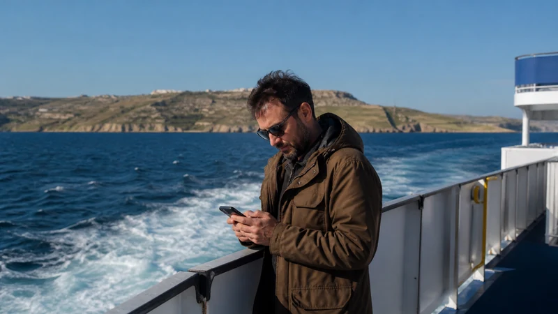Traveller checking a smartphone aboard a ferry between Malta and Gozo