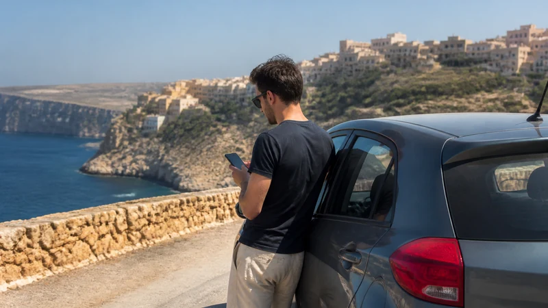 Traveller checking a smartphone during a road trip in Malta