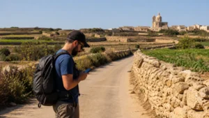 Traveller using a smartphone in Malta while preparing for mobile coverage outside Malta’s busiest towns