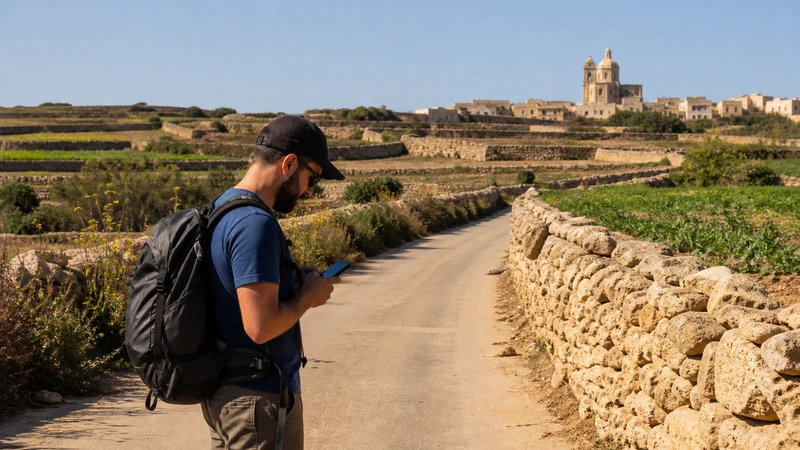 Traveller using a smartphone in Malta while preparing for mobile coverage outside Malta’s busiest towns