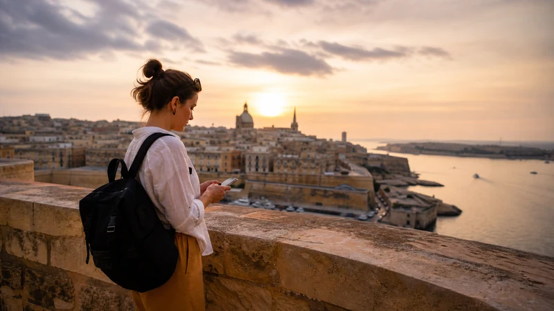 Traveller using a smartphone in Malta while staying connected on a solo trip to Malta