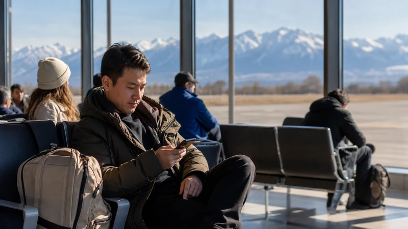 Traveller using a smartphone in Kyrgyzstan for manas airport esim setup