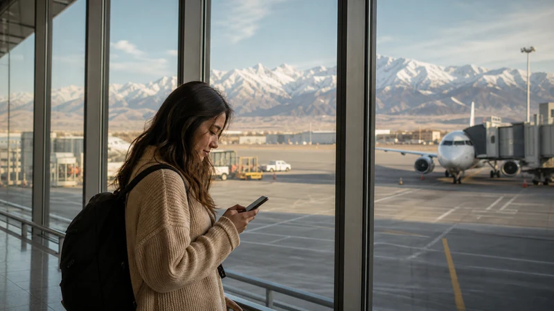 Traveller using a smartphone in Kyrgyzstan for manas airport to bishkek internet