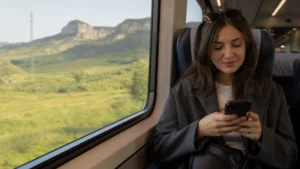 Traveller checking mobile network settings near the Baku skyline