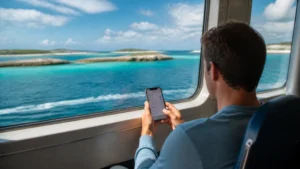 Traveller selecting a mobile network during a Bahamas ferry journey