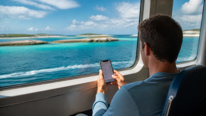 Traveller selecting a mobile network during a Bahamas ferry journey