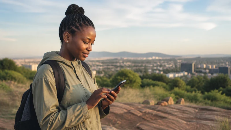 Traveller checking available networks on a phone.