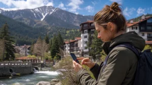 Traveller selecting a mobile network at a Bulgarian mountain resort