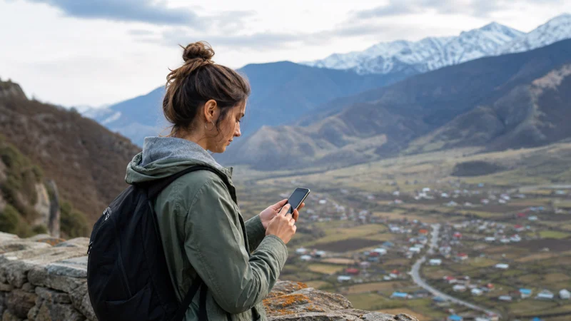 Traveller adjusting smartphone network settings on a Georgian mountain route