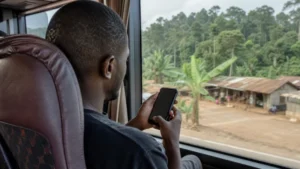 Traveller selecting a mobile network during a bus journey in Ghana