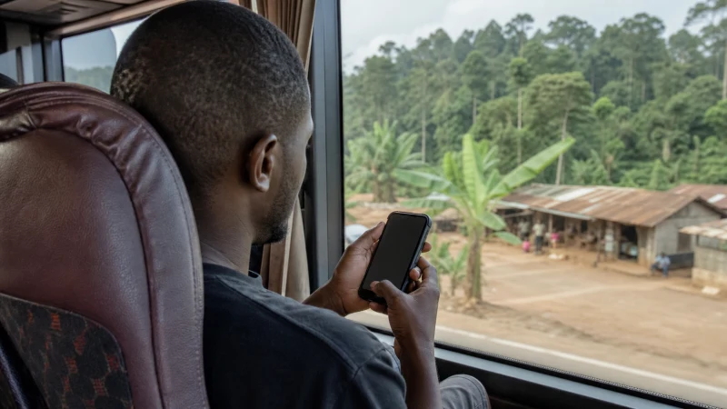 Traveller selecting a mobile network during a bus journey in Ghana