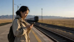 Traveller reviewing available mobile networks on a phone in Kazakhstan.