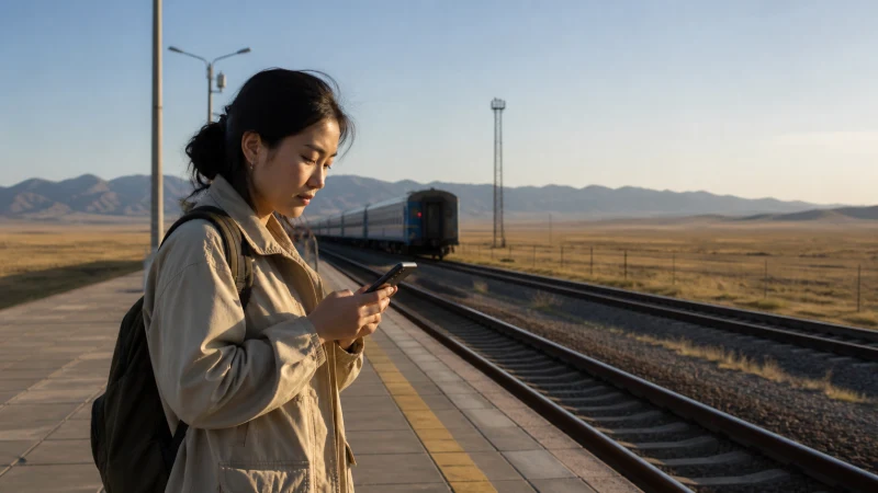 Traveller reviewing available mobile networks on a phone in Kazakhstan.