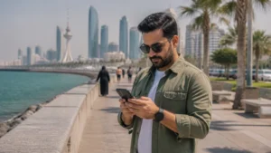 Traveller using a smartphone in a Kuwait setting related to how to choose a network manually in kuwait
