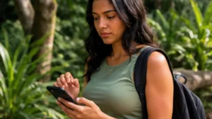 Traveller using a smartphone in Mauritius while researching how to select a network manually with a mauritius esim