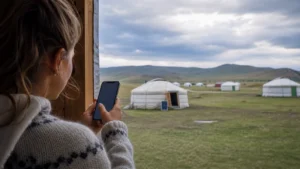 Traveller using a smartphone in Mongolia for manual network selection mongolia esim